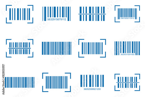 Scan barcode icon set. Scan bar label, QR code and industrial barcode. Product inventory badge, codes stripe sticker and package bars. Supermarket scanning barcode sign.