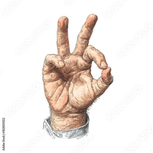Hand gesture in perfect or ok sign with white shirt and red leather belt, artistic ink drawing for digital use in transparent png format