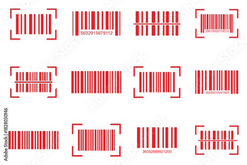 Scan barcode icon set. Scan bar label, QR code and industrial barcode. Product inventory badge, codes stripe sticker and package bars. Supermarket scanning barcode sign.