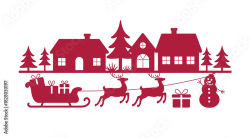 Festive silhouette of Santa's sleigh with reindeer and gifts flying over a charming winter village.