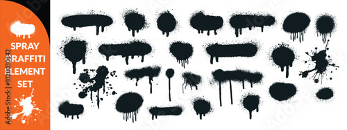 Spray graffiti element set, can splatter brush drip freehand kit, vector urban street black grunge. Cool hand writing stain splash, dirty messy airy ink stroke and circles. Spray graffiti dark  bigset