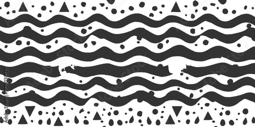 Black wavy lines and scattered dots and triangles on white background abstract pattern
