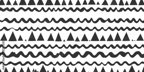 Repeating pattern of dark grey triangles and wavy lines on white background geometric wave
