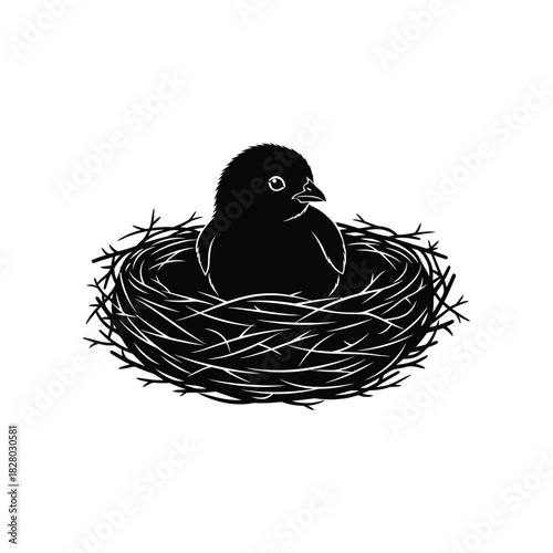 A chick with nest silhouette vector art illustration