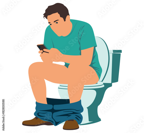 Man using a smartphone while sitting on a toilet with his pants down.