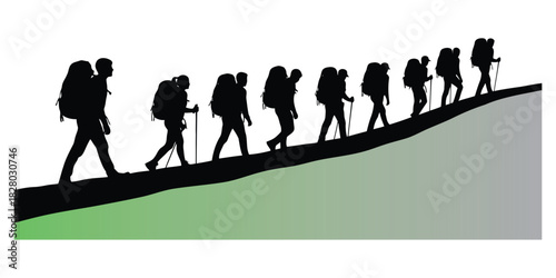 Group of hikers with backpacks ascending a hill silhouette
