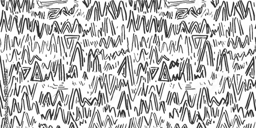 Black and white abstract pattern of hand drawn wavy lines and triangles vector
