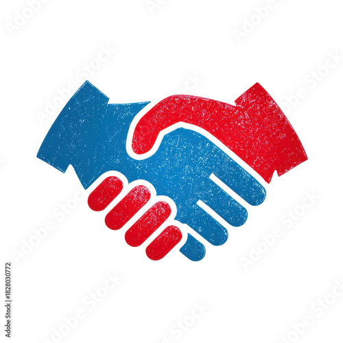Red and blue handshake graphic showing agreement and partnership with textured style symbolizing trust and connection