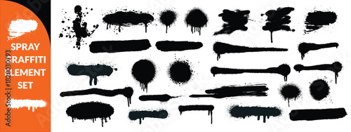 Spray graffiti element set, can splatter brush drip freehand kit, vector urban street black grunge. Cool hand writing stain splash, dirty messy airy ink stroke and circles. Spray graffiti dark  bigset