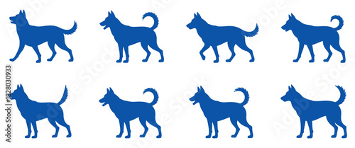 Blue dog silhouette icon set featuring multiple standing canine shapes in clean minimal style, perfect for pet care branding, veterinary graphics, dog training visuals, animal symbols, and modern 