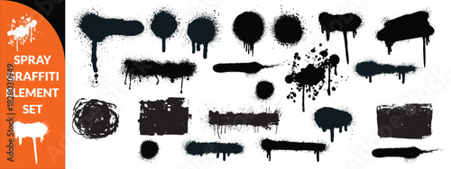 Spray graffiti element set, can splatter brush drip freehand kit, vector urban street black grunge. Cool hand writing stain splash, dirty messy airy ink stroke and circles. Spray graffiti dark  bigset