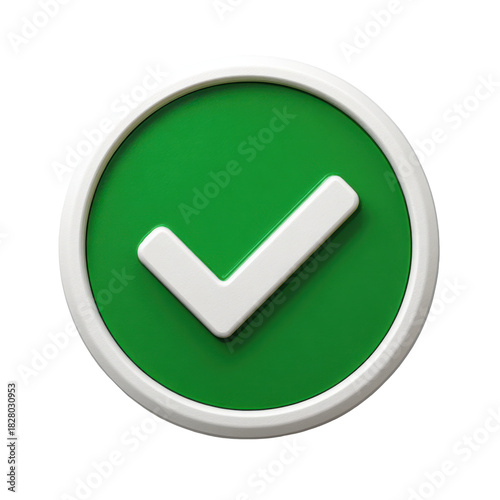 Green circle with white check mark for agreement or confirmation, successful sign on transparent background, 3d rendering illustration of complete process