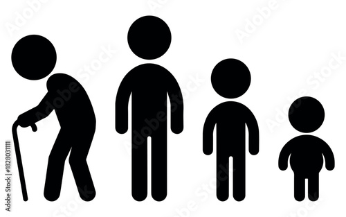 Black silhouette family age icon set showing elderly, adult, and child figures, perfect for family themes, growth visuals, educational artwork, healthcare designs, and clean modern icon applications