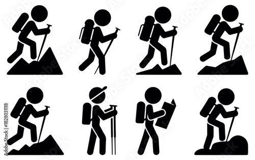 Black hiking and trekking silhouette icon set with multiple active poses, perfect for outdoor adventure visuals, travel graphics, mountain activity themes, and sporty minimal vector artwork.