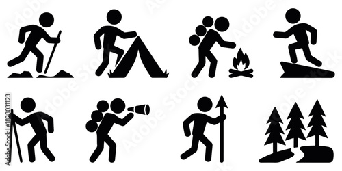 Black winter sports icon set with skiing and snow activities, perfect for outdoor adventure artwork, sport graphics, cold season themes, and minimal active silhouette visuals