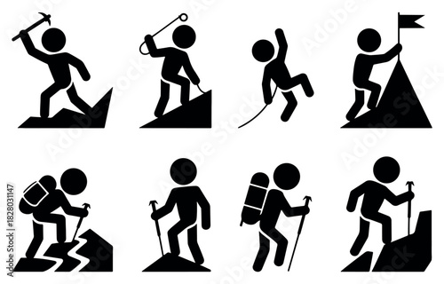Outdoor climbing and trekking silhouette icon set showing multiple adventure poses, ideal for hiking visuals, mountain sport graphics, travel themes, and active minimal vector illustrations