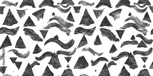 Black abstract brush stroke triangles and wavy lines seamless pattern on white background vector