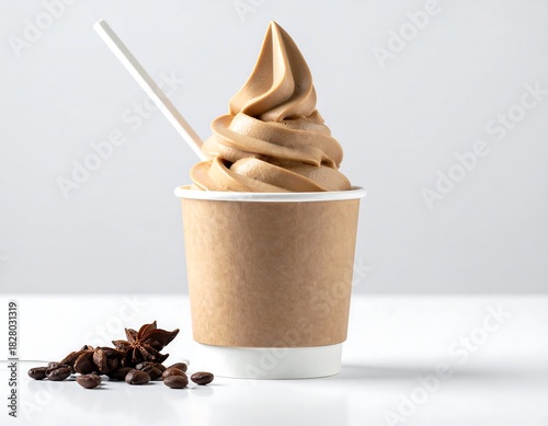 Coffee flavored soft-serve ice cream in a paper cup with anise and coffee beans on a white surface