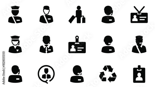 Security, Service, and Identification Icons Set. Customer Support Agents, Police Officers, Travelers, and ID Badges Vector Illustration