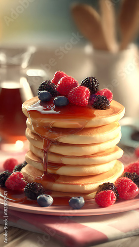A highly detailed 3D render of a stack of fresh, warm pancakes topped with berries and syrup on a breakfast table