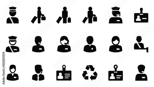 Personnel and Travel Icons Set: Including Customs Officers, Travelers, ID Badges, Customer Service Agents, and Recycling Symbol Vector Silhouettes