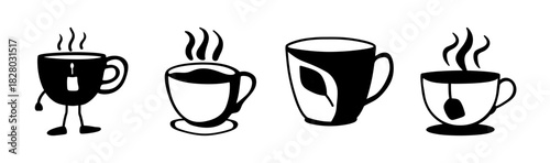 Collection of steaming tea and coffee cups with various designs, vector icons