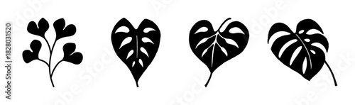 Collection of diverse black tropical leaf silhouettes, plant icon vector set
