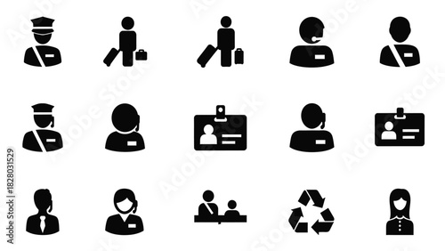 Personnel and Service Icons Set - Security Officer, Customer Support Agent, Traveler, and ID Card Vector Illustration