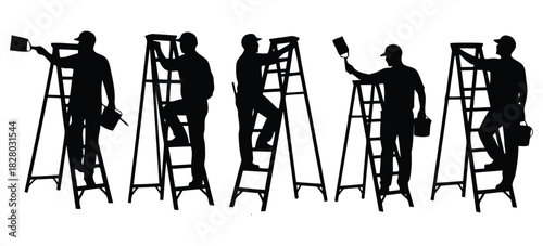Silhouettes of Men Painting and Climbing Ladders renovation