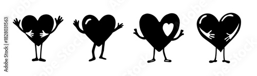 Cartoon black heart characters with arms and legs expressing love and happiness