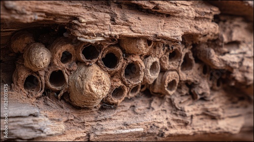 A captivating macro shot of an insect nest nestled within weathered wood. The intricate details of the nest's structure are revealed. The textures of both nest and wood are visible.