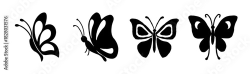 Elegant black butterfly silhouettes set, showing diverse flight and resting poses vector
