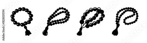 Set of traditional islamic prayer beads, tasbih, misbaha, spiritual tool silhouettes