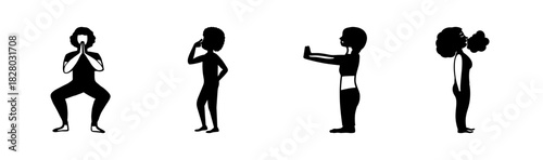 Diverse black silhouettes depicting various human actions and poses on white