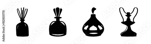 Set of elegant aromatic home fragrance and decor items silhouette vector icons