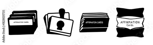 Collection of black and white line art icons depicting affirmation cards and keyhole