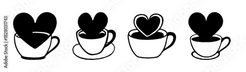 Black heart shapes emerging from white outline coffee cups, isolated illustration