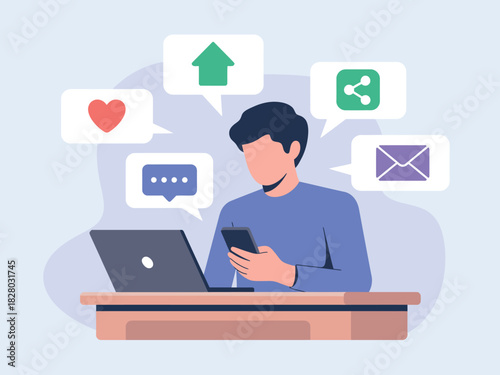 A person interacts with their smartphone and laptop, surrounded by social media icons.