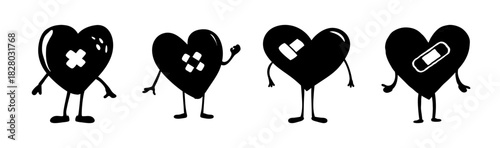 Cartoon hearts with bandages showing pain, recovery, and emotional support concept.