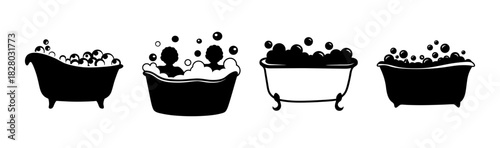 Set of four stylized bathtub silhouettes with bubbles, including bathing figures