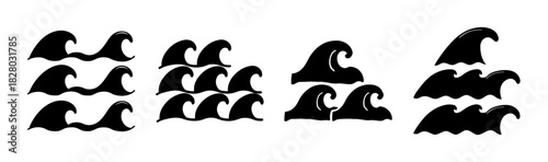 Black wave icons set, surf, ocean, water, sea, simple graphic design elements