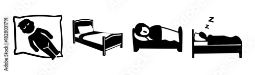 Sleep and bedtime vector icon set with stick figures sleeping in bed or on pillow