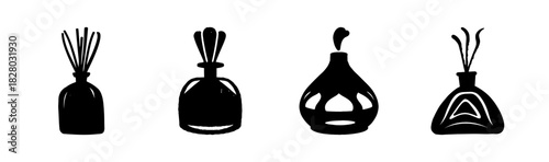 Home fragrance and aromatherapy diffusers set, decorative black silhouette vector