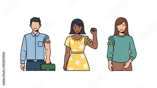 Diverse Group of Vaccinated People Showing Bandages on Arm. Happy Adults After Successful Vaccination or Immunization. Healthcare and Public Health Illustration.