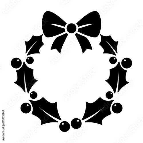 Black silhouette Christmas wreath illustration with holly leaves, berries and bow, minimalist festive holiday design, simple decorative winter symbol for cards, invitations, prints, greeting materials