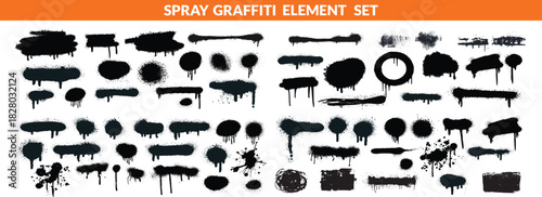 Spray graffiti element set, can splatter brush drip freehand kit, vector urban street black grunge. Cool hand writing stain splash, dirty messy airy ink stroke and circles. Spray graffiti dark  bigset