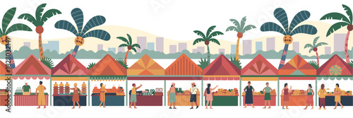 Vibrant Tropical Market Illustration with Palm Trees, Vendors, and Shoppers, Ideal for Tourism and Vacation Concepts Design Projects