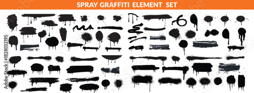 Spray graffiti element set, can splatter brush drip freehand kit, vector urban street black grunge. Cool hand writing stain splash, dirty messy airy ink stroke and circles. Spray graffiti dark  bigset