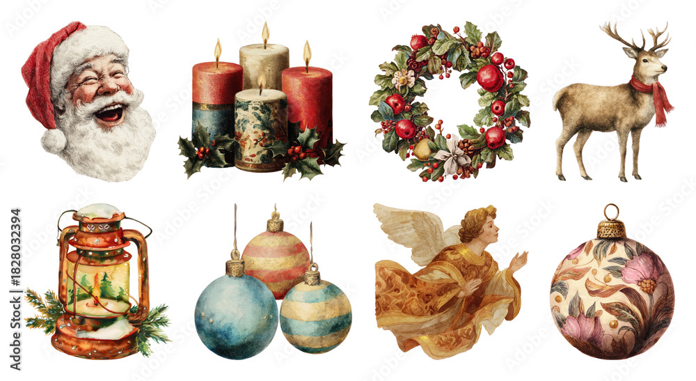 Obraz premium PNG Vintage Christmas festive decorations, element set on transparent background