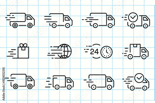 Fast delivery service doodle icons set, express shipping symbols